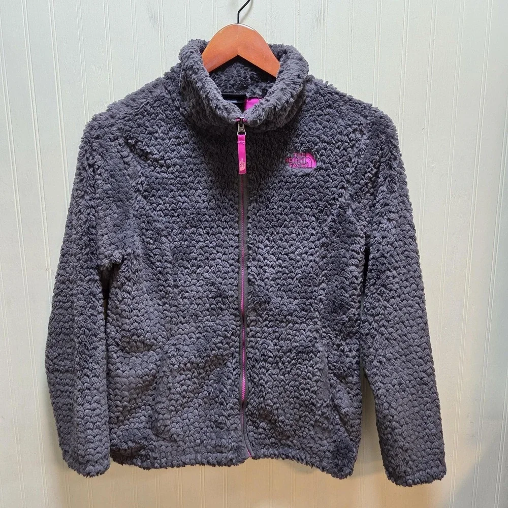 The North Face Jacket Girls 14/16 Gray Plush Fleece Full Zip Lined Pockets Pink